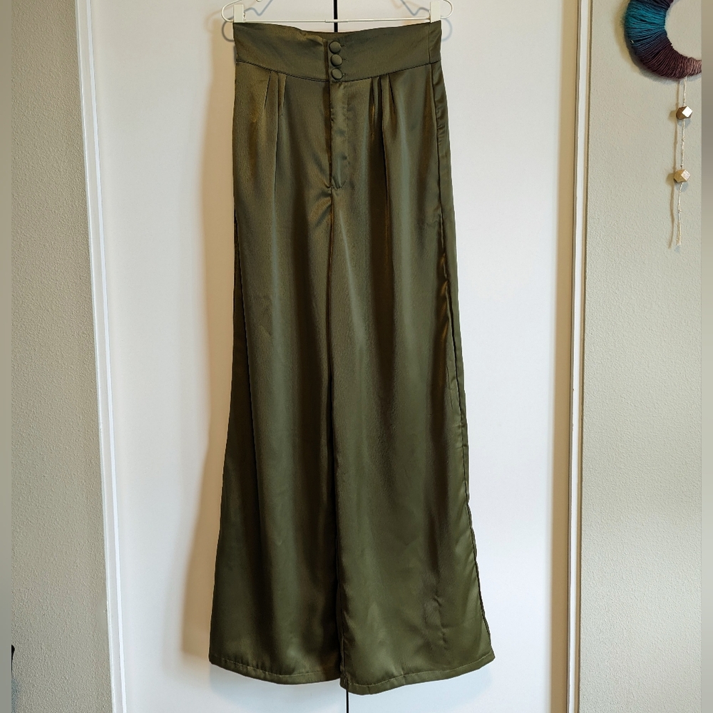 olive satin wide leg Nasty Gal trousers